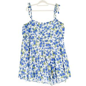 Maggie Tang White Shoulder Tie Blue Floral A-Line Dress 3XL Cottagecore Bohemian